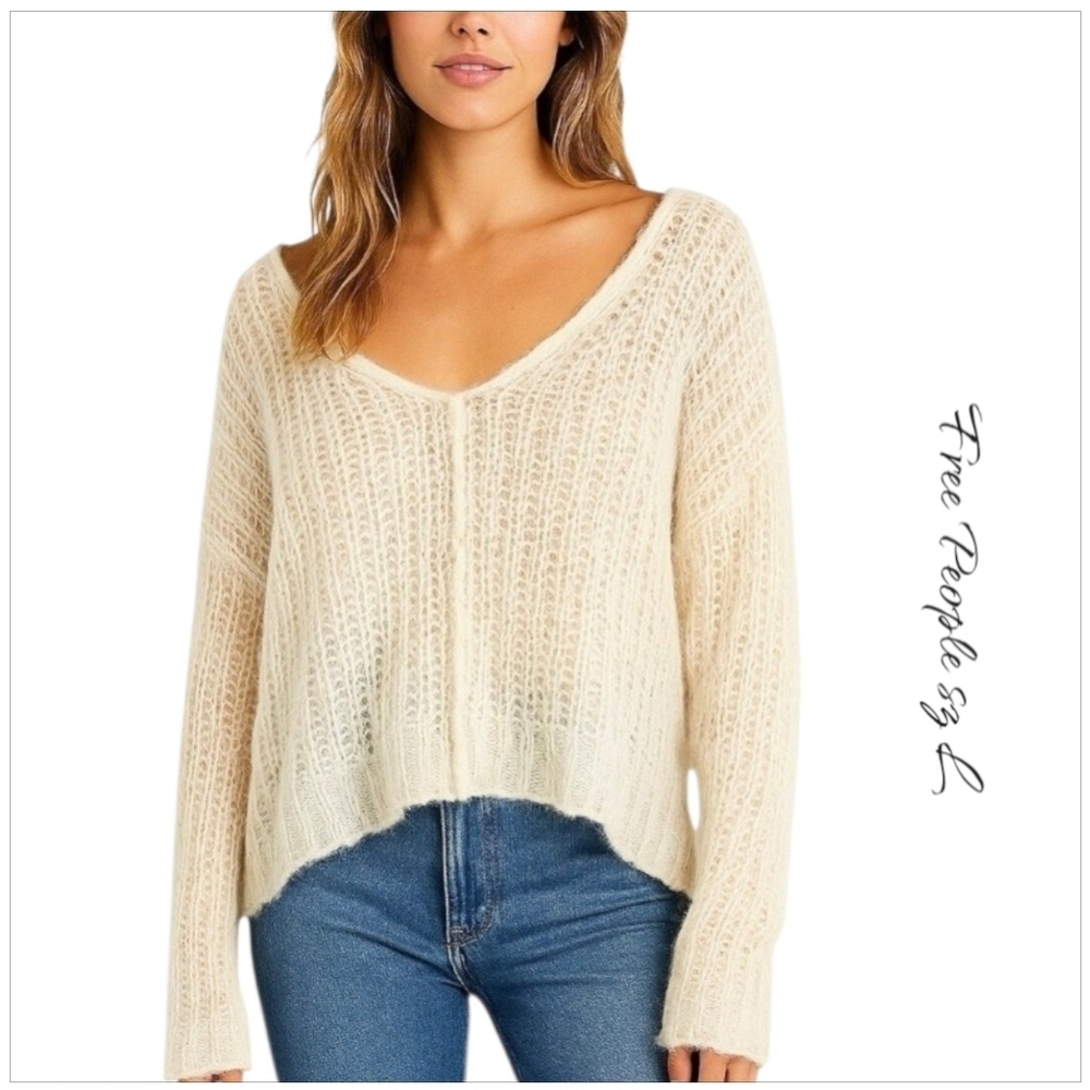 Free People Moonbeam Sweater L Ivory Alpaca Knit Oversized Slouchy Pullover